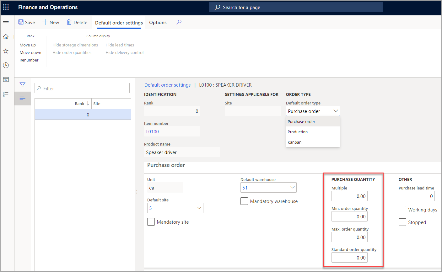  Screenshot of the Default order settings page showing the Purchase quantity fields.