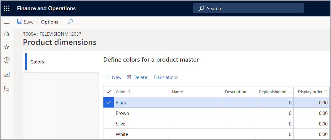 Screenshot of the Product dimensions page.