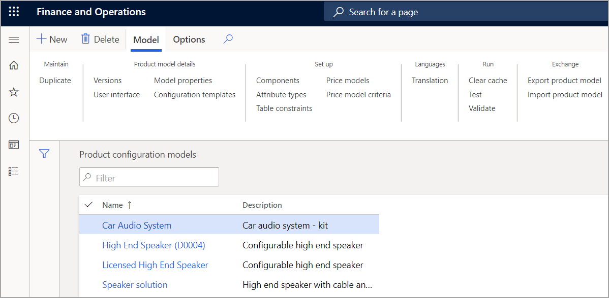 Screenshot of the Product configuration models page.