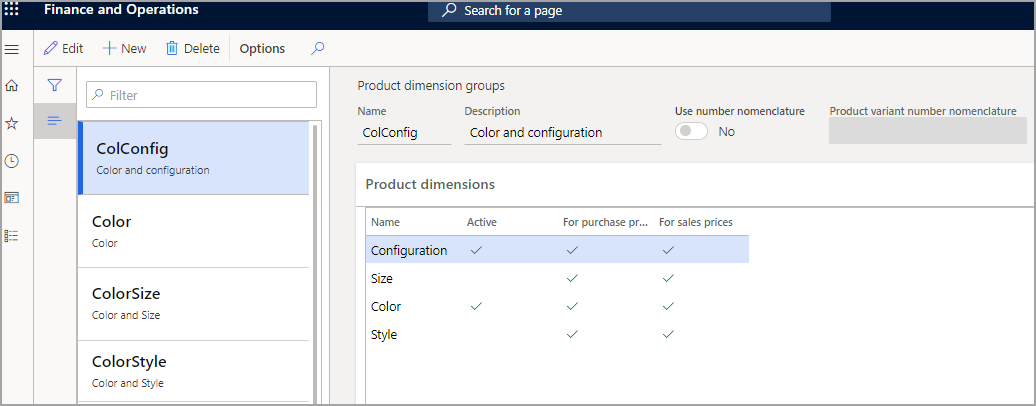 Screenshot of the Product dimension groups page.