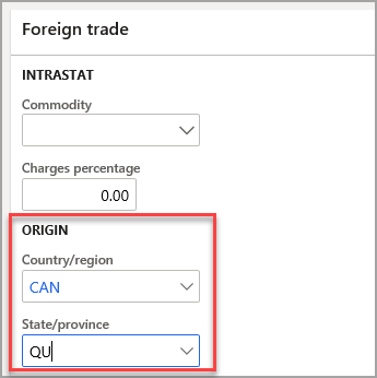 Screenshot of the Foreign trade FastTab.