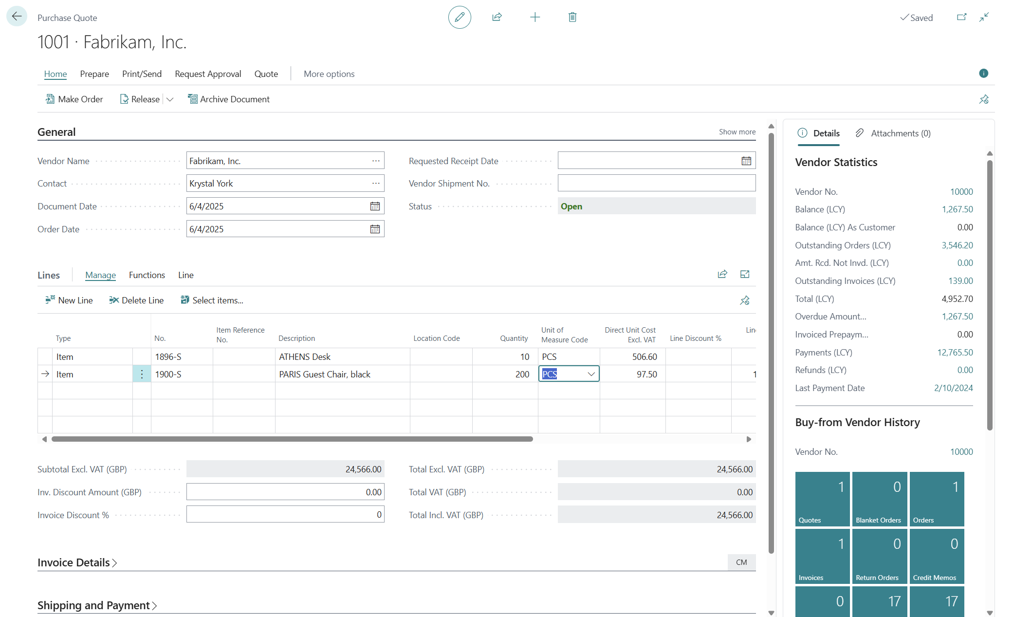 Screenshot of a Purchase Quote with information populated.