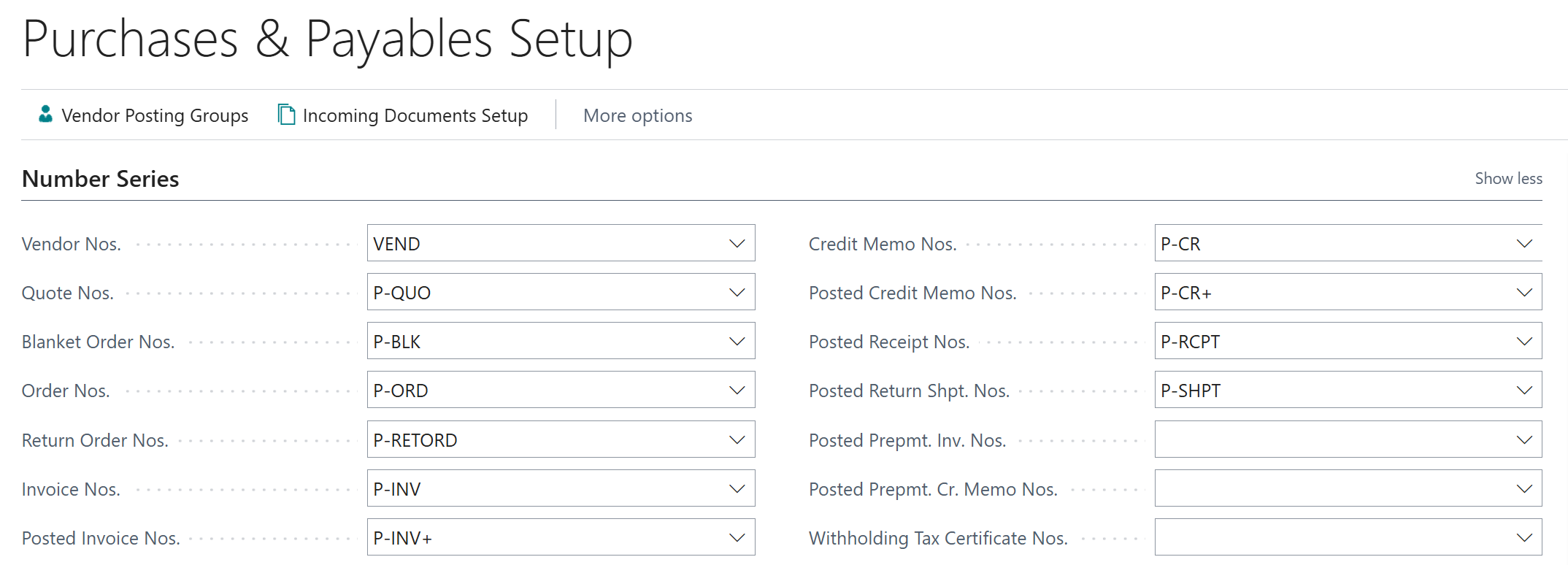 Screenshot of the Purchases and Payables Setup page showing the Number Series FastTab with fields for Vendor Nos., Quote Nos., Order Nos., and other numbering fields.