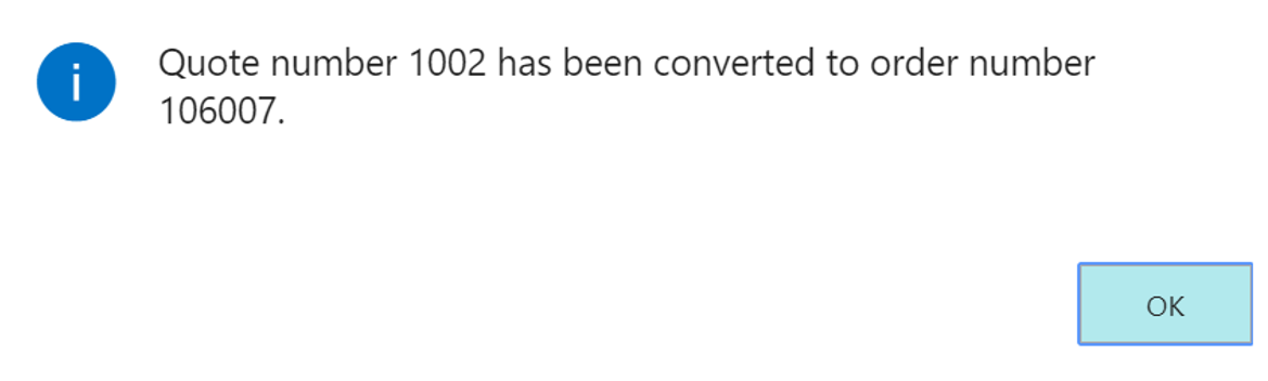 Screenshot of the result message for converting a Purchase Quote to Purchase Order.