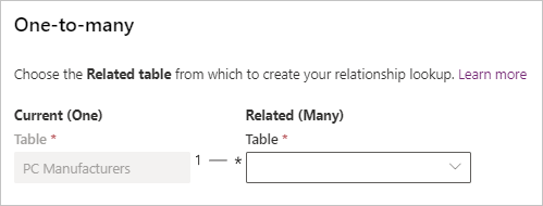 Screenshot of the relationship pane showing the dropdown option for the related table.