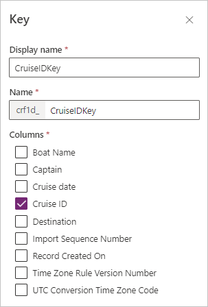 Screenshot of Key table with cruise ID column selected.