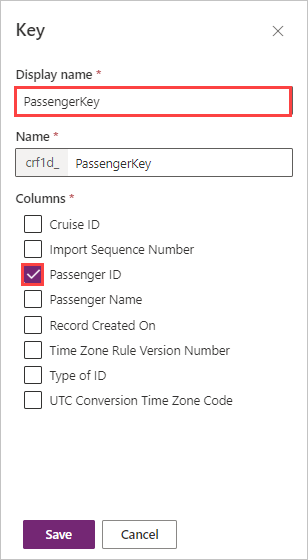 Screenshot of Key dialog with Passenger ID column selected.