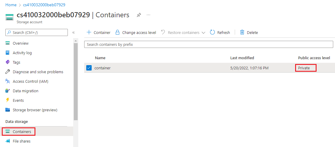 Screenshot that shows a storage container with access level set to private.