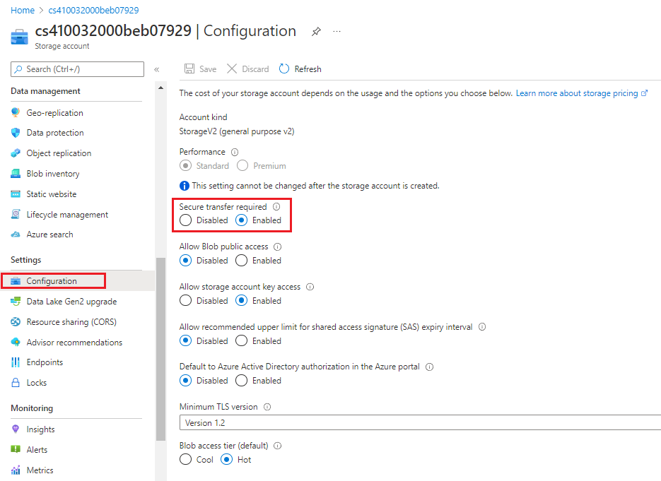 Screenshot that shows the secure transfer storage setting in the Azure portal.