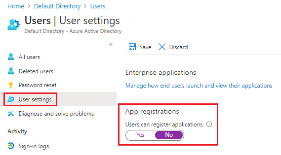Screenshot that shows Azure Active Directory users with app registrations set to No.