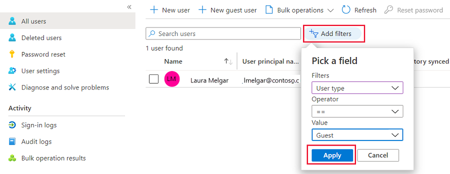 Screenshot of the Azure portal that shows Azure A D filtering for guest users.