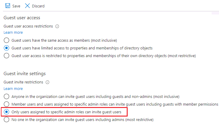 Screenshot that shows the Guest invite settings with Only users assigned to specific admin roles can invite guest users selected.