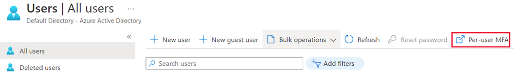 Screenshot that shows the multifactor authentication option in the Azure AD pane of the Azure portal.
