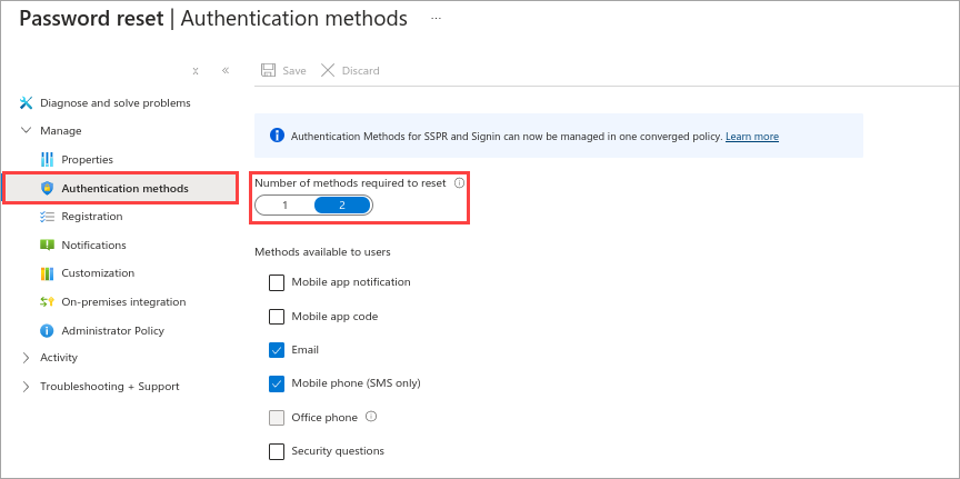 Screenshot of the Azure portal that shows the Microsoft Entra password reset authentication methods pane with number of methods required to reset set to 2.