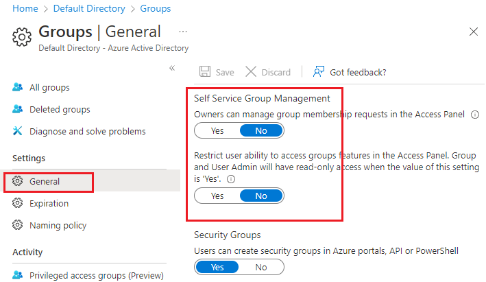 Screenshot that shows Azure Active Directory self-service group options set to No.