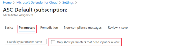 Screenshot that shows the Parameters tab and the checkbox for Only show parameters that need input or review is cleared.