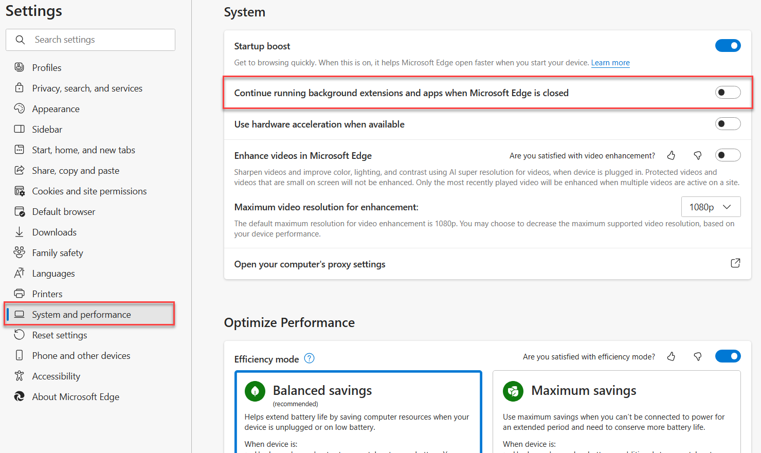 Screenshot of clearing the Continue running background extensions and apps when Microsoft Edge is closed toggle in Microsoft Edge.