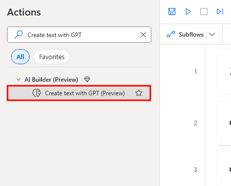 Screenshot of Create text with GPT on Azure OpenAI Service action.