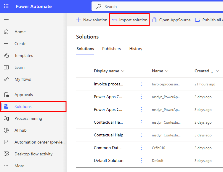 Screenshot showing the Import solution button.