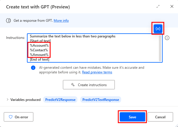 Screenshot of Create text with GPT completed instructions.