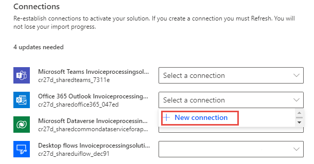 Screenshot showing the New connection option for Office 365.