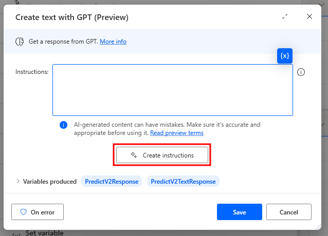 Screenshot of the Create text with GPT dialog.