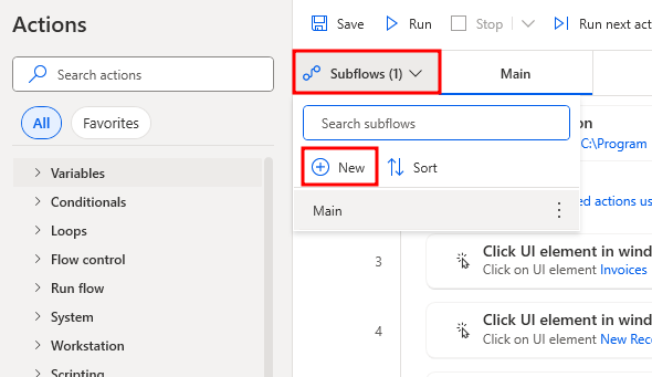 Screenshot showing the create a new subflow button.