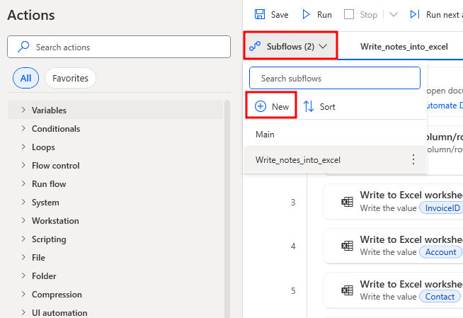 Screenshot showing the create new subflow button.