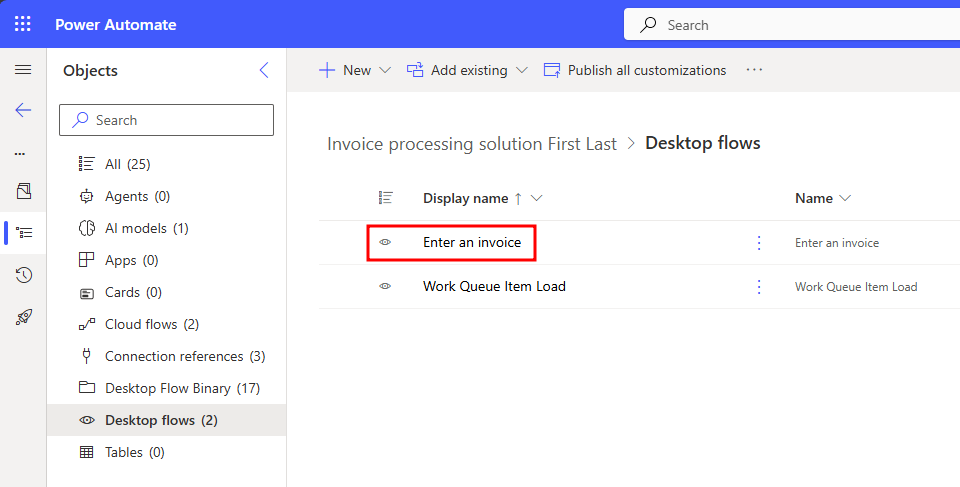 Screenshot showing the Enter an invoice desktop flow.