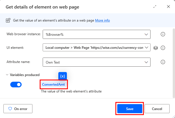 Screenshot showing the Get details of element on web page dialog, showing the value renamed.