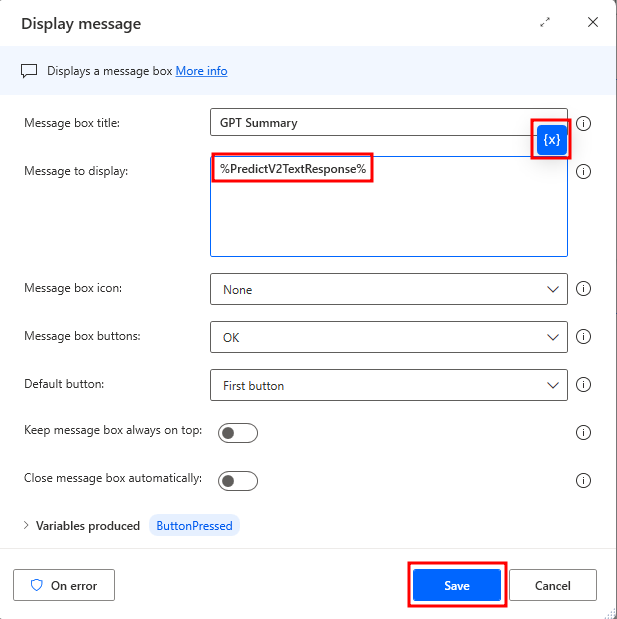Screenshot of the display message action within the Main sub-flow.