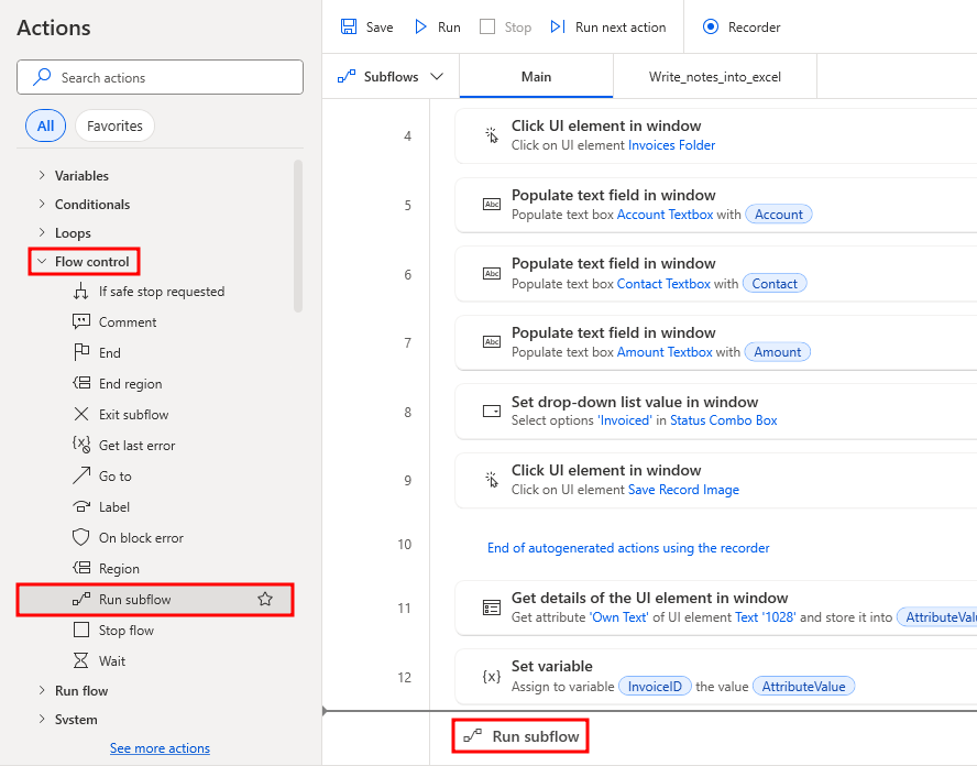 Screenshot showing the Run subflow action being positioned below the last step in the designer space pane.