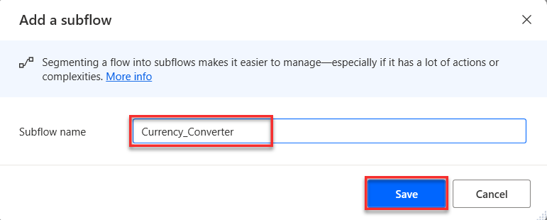 Screenshot showing the Edit subflow name dialog.