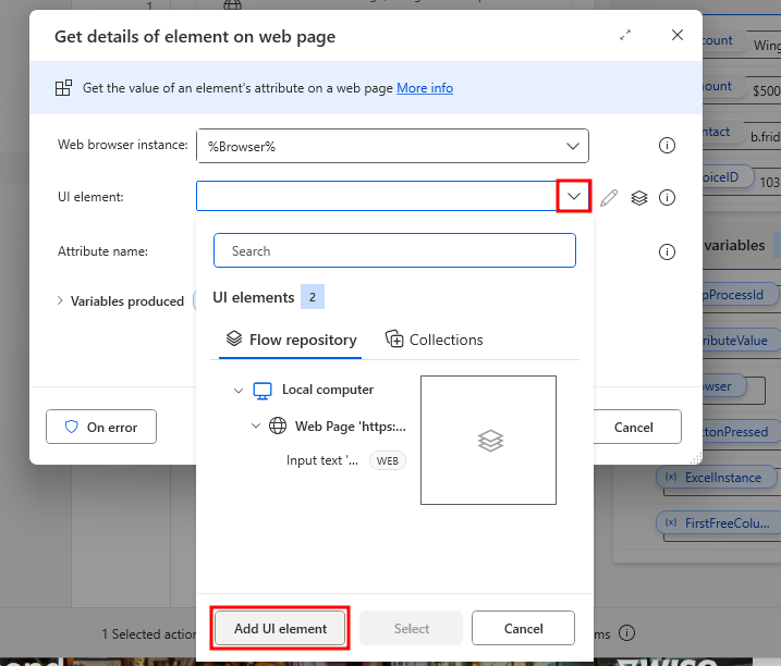 Screenshot showing the Add UI element button.