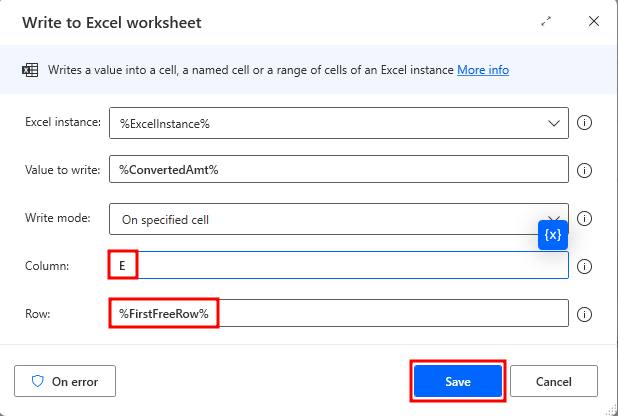 Screenshot showing the Write to Excel worksheet action dialog again.