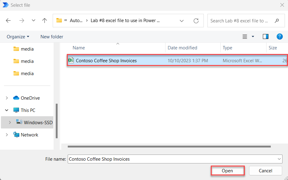 Screenshot showing file explorer with the Contoso Coffee Shop Invoices Excel file selected.