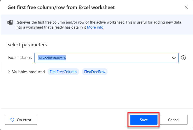 Screenshot showing the Get first free column/row from Excel worksheet action dialog.