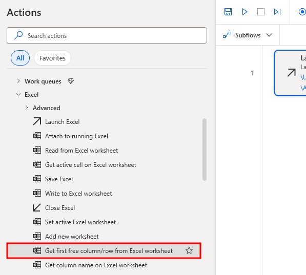 Screenshot showing the Get first free column/row from Excel worksheet action.