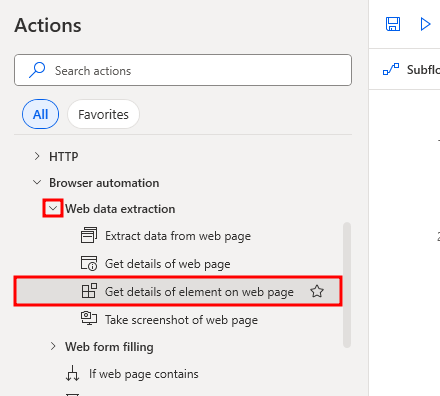 Screenshot showing the Get details of element on web page action.