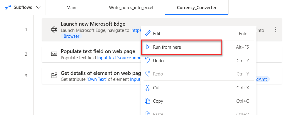 Screenshot showing the Run from here button.