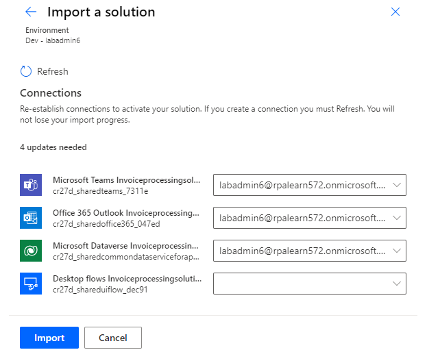 Screenshot of the Import a solution dialog, showing the Office 365, Dataverse, and Teams connections.