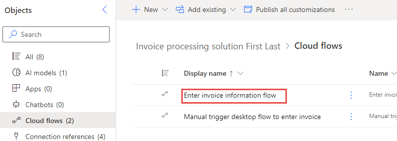 Screenshot showing the Enter invoice information flow selection.