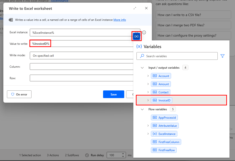 Screenshot showing the Invoice ID selection.