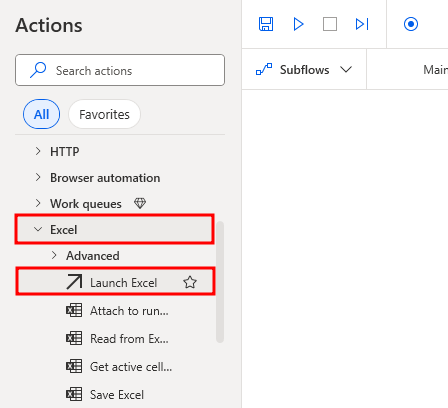 Screenshot showing the Launch Excel action.