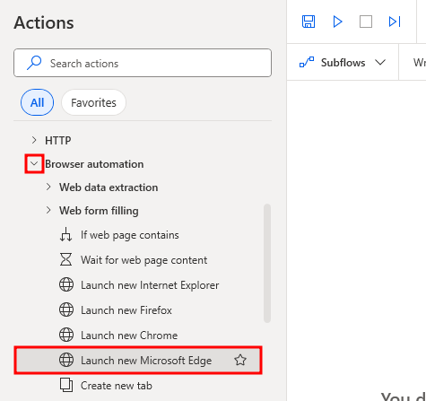 Screenshot showing the Launch new Microsoft Edge action.