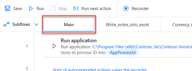 Screenshot showing the Main flow tab.