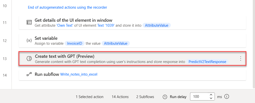 Screenshot of the newly added action within the Main sub-flow.