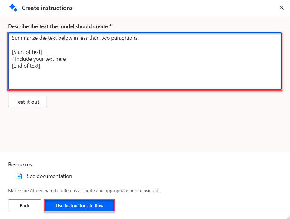 Screenshot shows the newly created instructions within the Create instructions dialog.