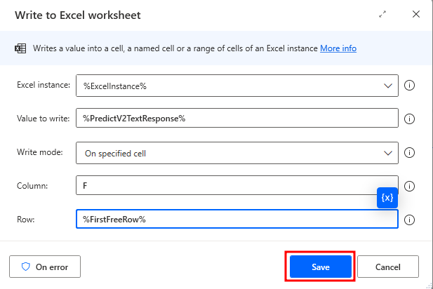 Screenshot of Write to Excel action using GPT.