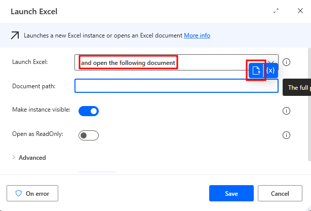 Screenshot showing the options in the Launch Excel dialog.
